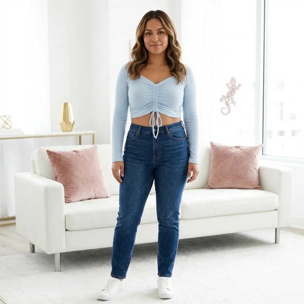 Anthropologie‎ Mable Womens S Light Blue Ribbed Ruched Off Shoulder Crop Top